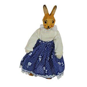 Lotte Sievers Hahn Doll Vintage Bunny Rabbit Wood Carved Germany Blue Dress Fora